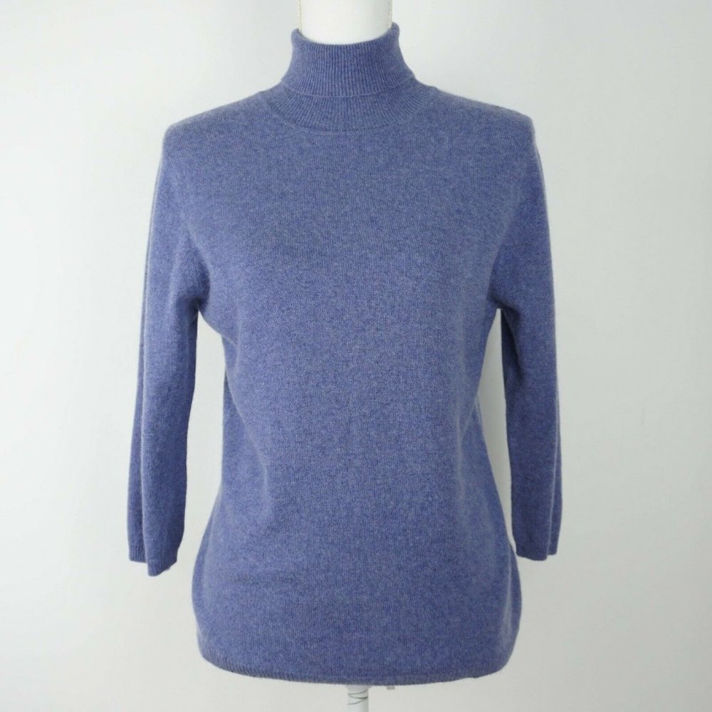 Womens Charter Club 100% Cashmere Sweater Blue Turtleneck 3/4 Sleeve size M